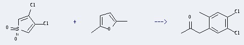 the Thiophene,3,4-dichloro-, 1,1-dioxide could react with 2,5-dimethyl-furan to obtain the 1-(4,5-dichloro-2-methyl-phenyl)-propan-2-one